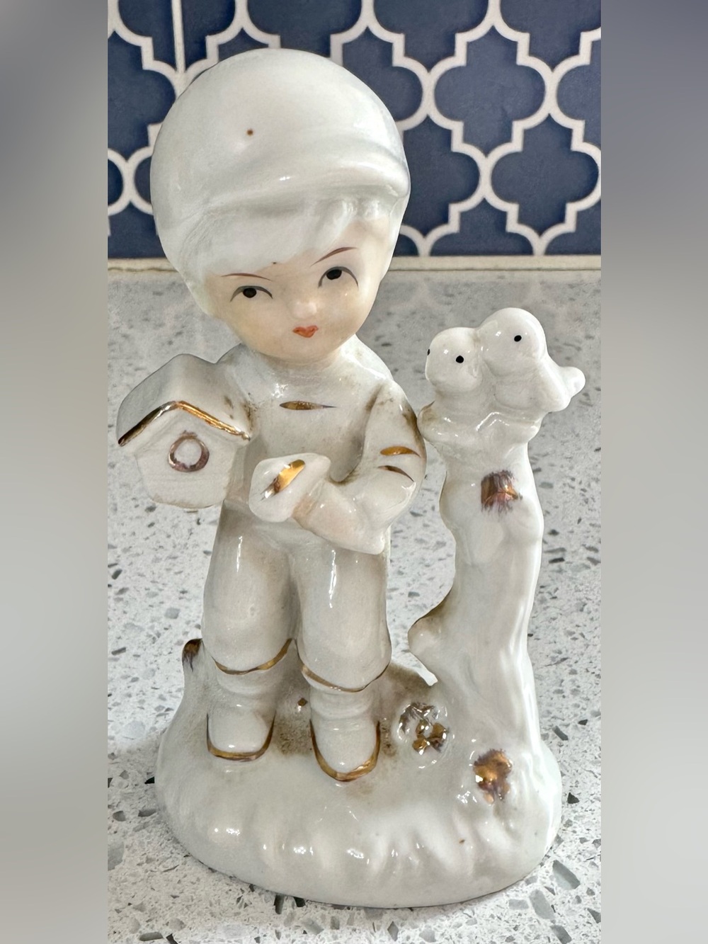 Vintage White Porcelain Boy With Birds Figurine Collectible Home Decor - Picture 2 of 6